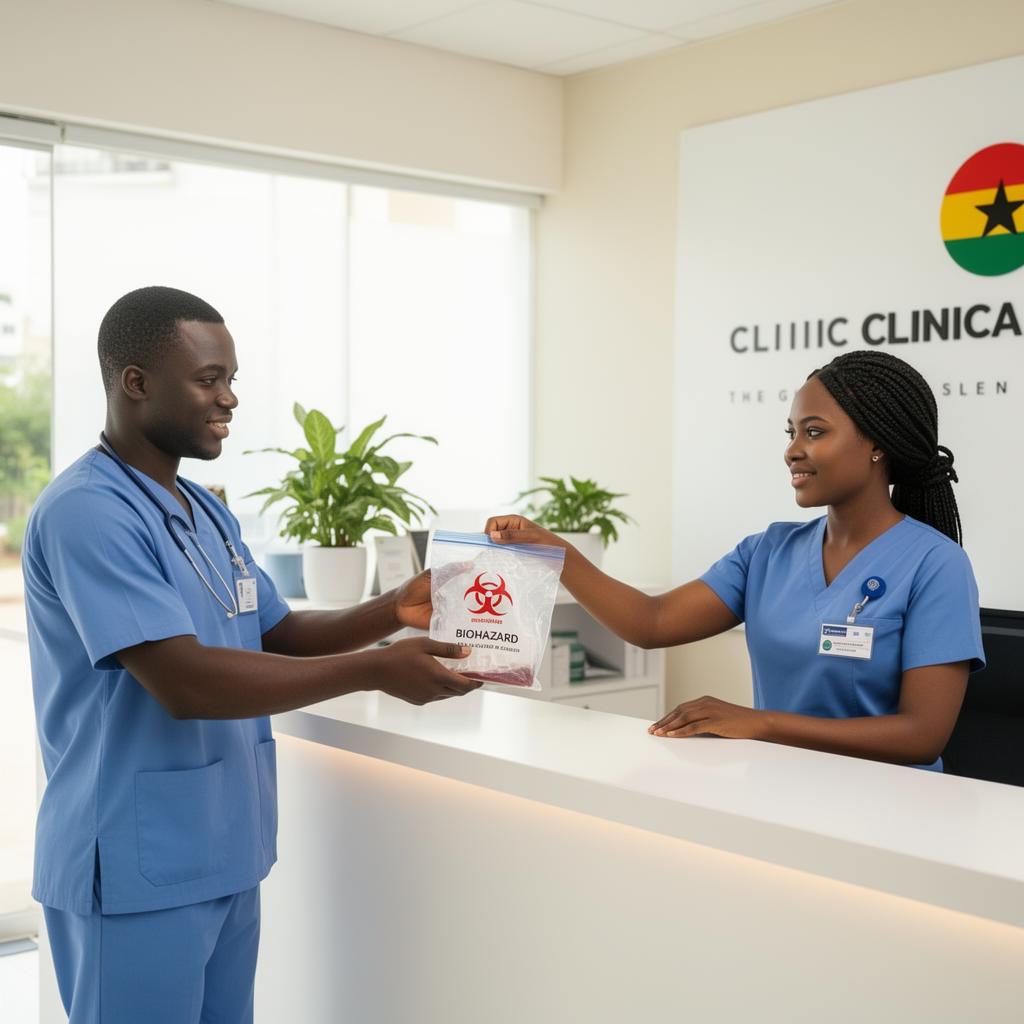 A CMD Labs MLS handing a sealed sample bag to a clinic receptionist